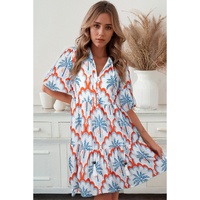 Orange Contrast Palm Tree Printed Short Sleeve Flowy Dress - L thumbnail