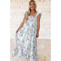 Sky Blue Floral Smocked High Waist Double Ruffle Sleeveless Long Dress - L thumbnail