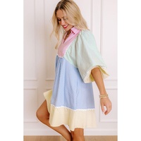 Multicolour Striped Patchwork Ric Rac Puff Sleeve Collared Mini Dress - L thumbnail