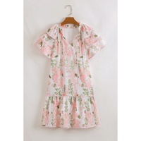 Pink Floral Contrast Edge Layered Short Sleeve Mini Dress - L thumbnail