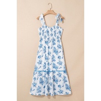 Sky Blue Floral Print Shirred Knot Shoulder Sleeveless Long Dress - XL thumbnail
