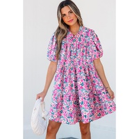 Pink Floral Collared Half Placket Short Sleeve Loose Dress - L thumbnail