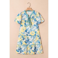 Blue Floral Striped Trim Puff Short Sleeve Dress - XL thumbnail