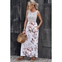 Azura Exchange White Striped Floral Print Sleeveless Maxi Dress with Pocket - L thumbnail
