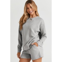 Gray Textured Long Sleeve Top and Drawstring Shorts Set - XL thumbnail