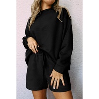 Black Textured Long Sleeve Top and Drawstring Shorts Set - S thumbnail