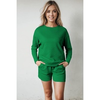 Green Textured Long Sleeve Top and Drawstring Shorts Set - XL thumbnail
