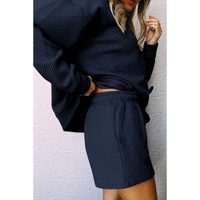 Navy Blue Textured Long Sleeve Top and Drawstring Shorts Set - XL thumbnail