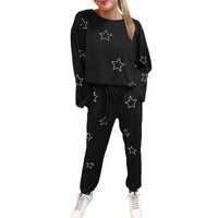 Black Stars Print Long Sleeve Drawstring High Waist Lounge Set - L thumbnail