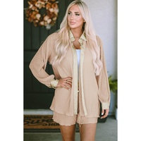 Apricot Pleated Long Sleeve Shirt and Shorts Lounge Set - M thumbnail