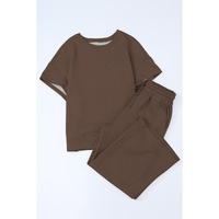 Brown Textured Loose Fit T Shirt and Drawstring Pants Set - S thumbnail