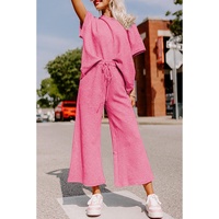 Strawberry Pink Textured Loose Fit T Shirt and Drawstring Pants Set - L thumbnail