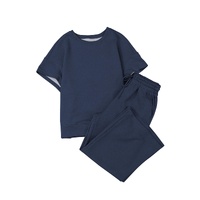 Navy Blue Textured Loose Fit T Shirt and Drawstring Pants Set - L thumbnail
