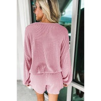 Pink Corded V Neck Slouchy Top Pocketed Shorts Set - S thumbnail