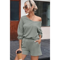 Grass Green Corded V Neck Slouchy Top Pocketed Shorts Set - XL thumbnail
