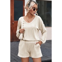 Beige Corded V Neck Slouchy Top Pocketed Shorts Set - M thumbnail