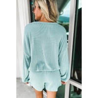 Mist Blue Corded V Neck Slouchy Top Pocketed Shorts Set - M thumbnail