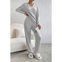 Light Grey Ribbed Knit V Neck Slouchy Two-piece Outfit - S thumbnail