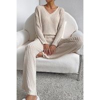 Khaki Ribbed Knit V Neck Slouchy Two-piece Outfit - S thumbnail