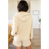 Beige Quilted V Neck Hoodie Drawstring Shorts Set - XL thumbnail