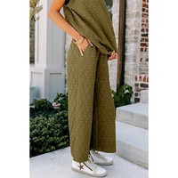 Sage Green Quilted Short Sleeve Wide Leg Pants Set - L thumbnail
