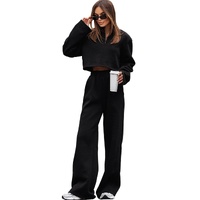 Black Zipped Collared Crop Top and Wide Leg Pants Set - XL thumbnail