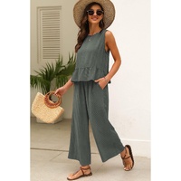 Duffel Green Solid Color Ribbed Ruffle Tank Top and Pants Set - M thumbnail