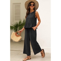 Black Solid Color Ribbed Ruffle Tank Top and Pants Set - L thumbnail
