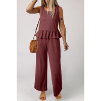 Red Dahlia Solid Color Ribbed Ruffle Tank Top and Pants Set - L thumbnail