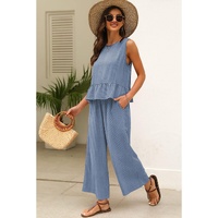 Beau Blue Solid Color Ribbed Ruffle Tank Top and Pants Set - L thumbnail