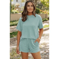 Iceland Blue Ribbed Textured Knit Loose Fit Tee and Shorts Set - S thumbnail