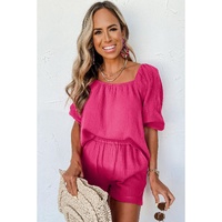 Bright Pink Crinkled Textured Square Neck Puff Sleeve and Shorts Set - M thumbnail
