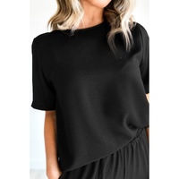 Black Solid Color T Shirt 2pcs Wide Leg Pants Set - M thumbnail