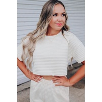 White Lattice Textured Cropped Tee and Jogger Pants Set - L thumbnail