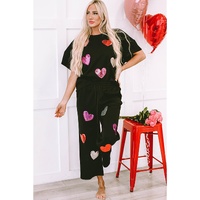 Black Sequin Heart Popping Graphic Textured 2pcs Outfit - XL thumbnail