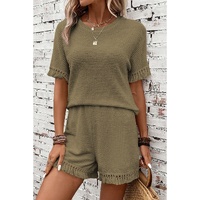 Laurel Green Fringe Trim Textured Short Two Piece Set - S thumbnail