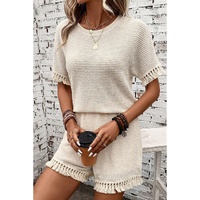 Beige Fringe Trim Textured Short Two Piece Set - XL thumbnail