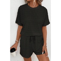 Black Frill Textured Short Sleeve Top and Drawstring Shorts Set - S thumbnail