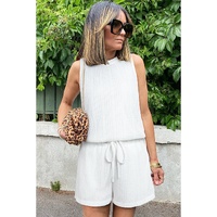 Beige Textured Knit Tank Top and Drawstring Shorts Set - L thumbnail