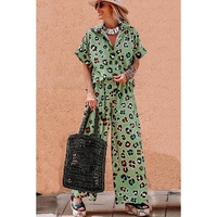Green Leopard Print Short Sleeve Shirt and Wide Leg Pants Set - M thumbnail
