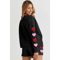 Black Heart Patch Long Sleeve Top and Shorts Textured 2pcs Set - S thumbnail