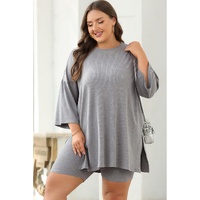 Light Grey Solid Color Loose Tunic Top and Slim Shorts Set - L thumbnail