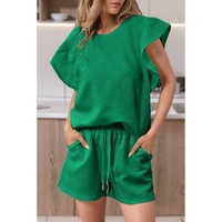 Bright Green Textured Ruffled Sleeve Tee and Drawstring Shorts Set - XL thumbnail