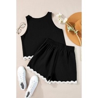 Black Ricrac Trim Tank Top Elastic Waist Shorts Set - S thumbnail