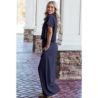 Navy Blue Raw Hem Loose Tee and Wide Leg Pants Set - S thumbnail