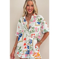 Pink Ricrac Trim Floral Short Sleeve Shirt and Shorts Outfit - XL thumbnail
