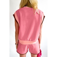 Peach Blossom Contrast Trim Cap Sleeve Tee Shorts Set - XL thumbnail