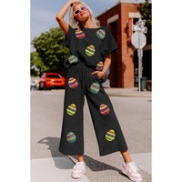 Black Easter Egg Print Textured Short Sleeve Wide Leg Pants Set - XL thumbnail