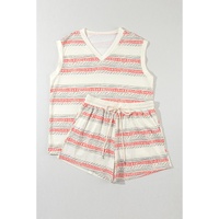 Beige Western Striped Print Casual Tank 2pcs Outfit - XL thumbnail