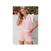Light Pink Contrast Trim Ruffled Top and Drawstring Shorts Set - L thumbnail
